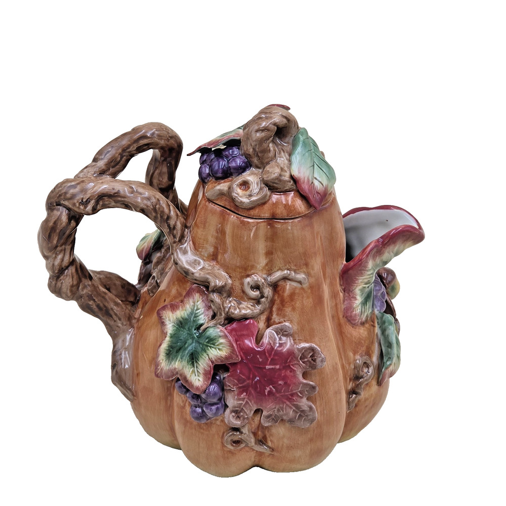 Vintage Fitz & Floyd Autumn Splendor Pumpkin Teapot Ceramic Fall Harvest Vines